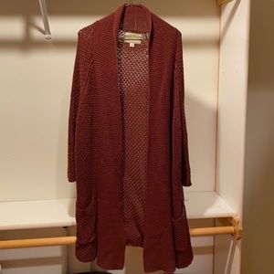 Beautiful long Burgundy open cardigan sweater to dress up any outfit.
